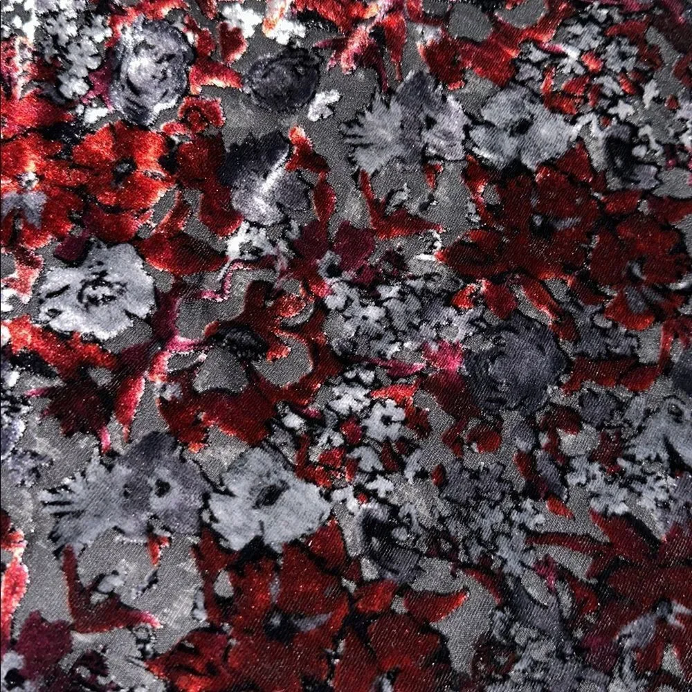 INC Deep Red Black Silver Velvet Floral Tasseled Hem Vintage Scarf